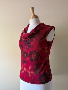 Two Roads Vintage Y2K Red Floral Cowl Neck Mesh Sleeveless Top